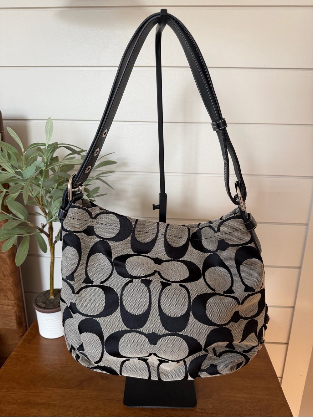 Coach Signature Slouchy Hobo Black and Gray Shoulder Bag